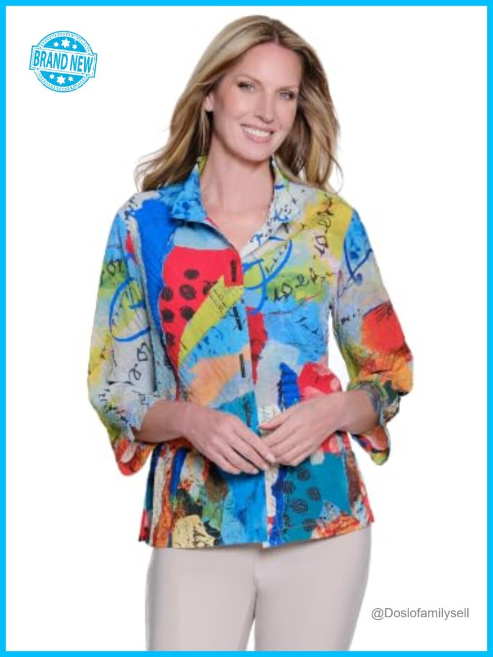 Women's Printed Woven Textured Button Front Tunic Top 3/4 Sleeve